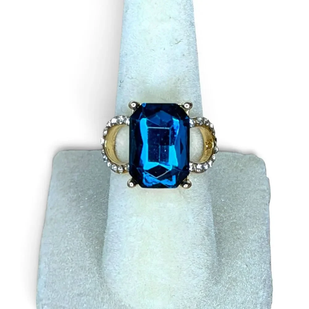 Gold-Tone Fashion Ring with Blue Center Stone